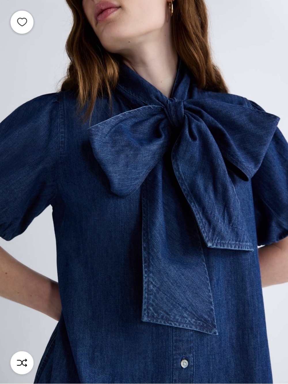 Tie-Neck Puff Sleeve Denim Dress - Dark Blue - Picture 3 of 4